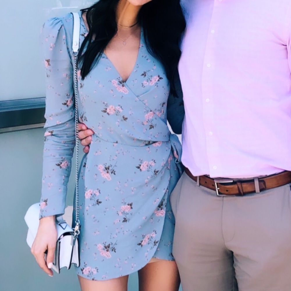 Reformation pastel blue floral wrap dress.